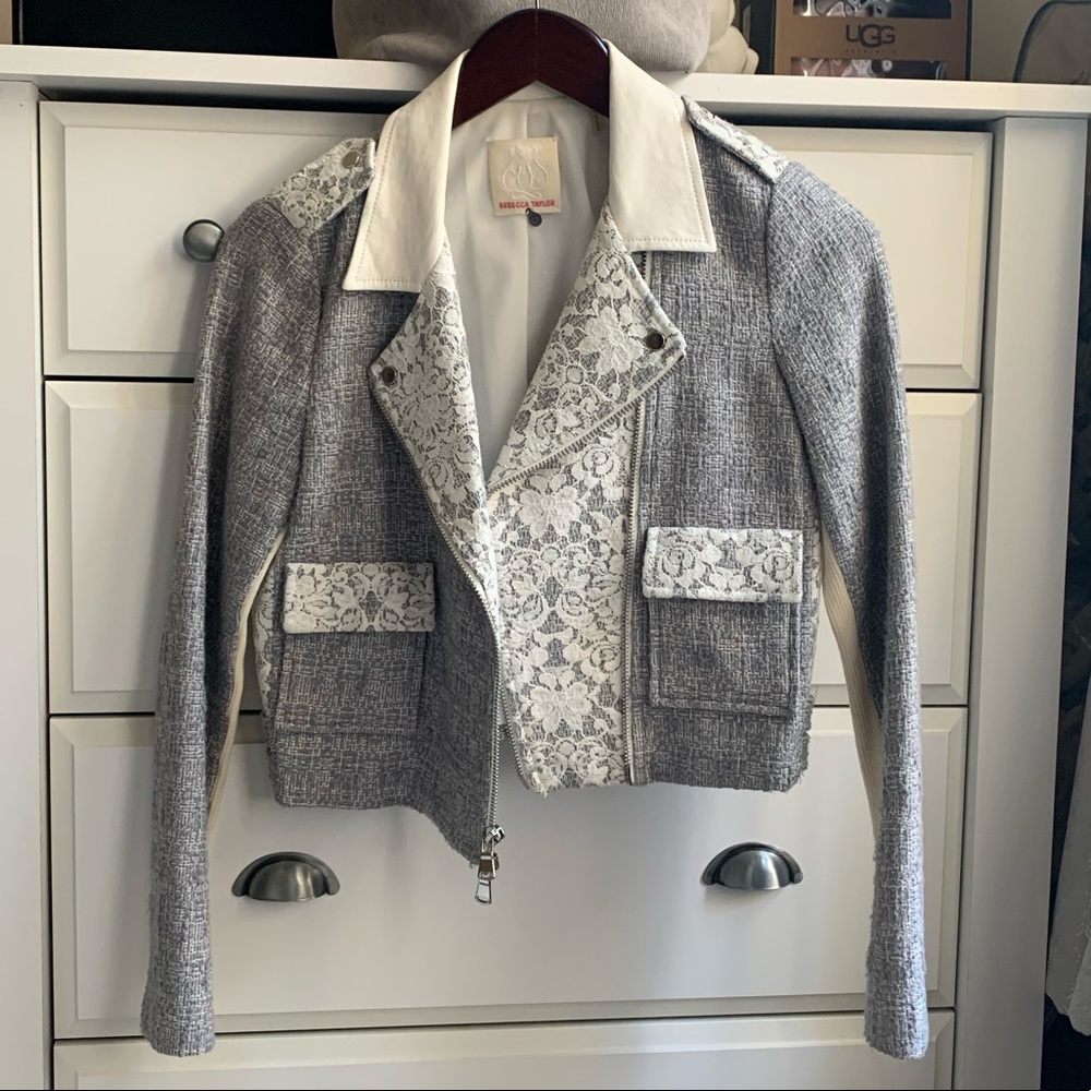 REBECCA TAYLOR Tweed Leather Lace Jacket